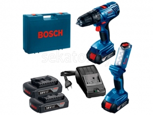 Аккум. дрель-шуруповерт BOSCH GSR 180-LI в чем. + фонарь GLI 18V-300 (18.0 В, 2 акк., 1.5 А/ч Li-Ion, 2 скор., 54 Нм, шурупы до 10 мм)